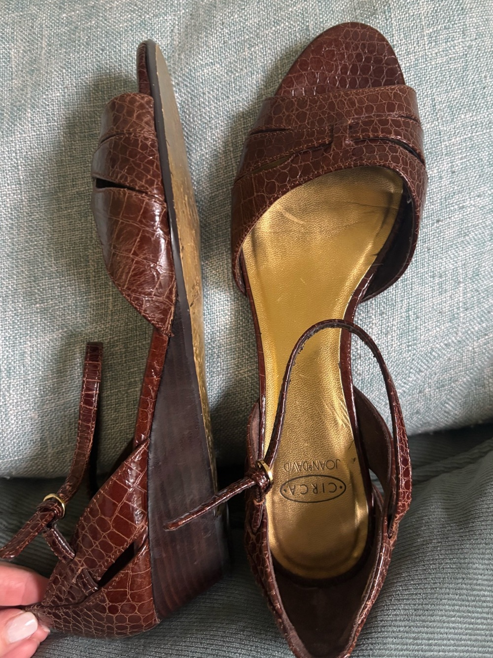 Vintage Joan & David Brown Croc-Embossed Open-Toe Slingback Heels EUC 9.5